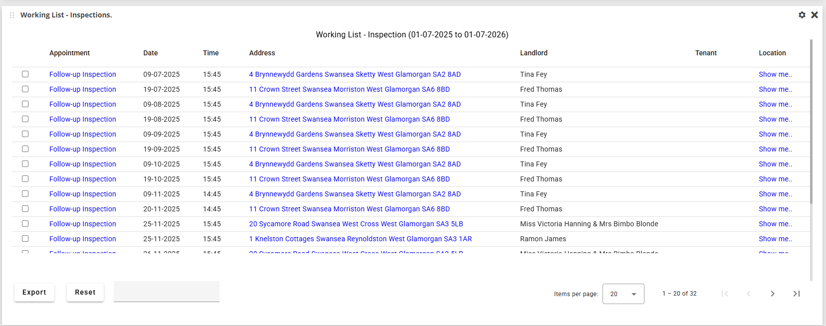 working list - inspections