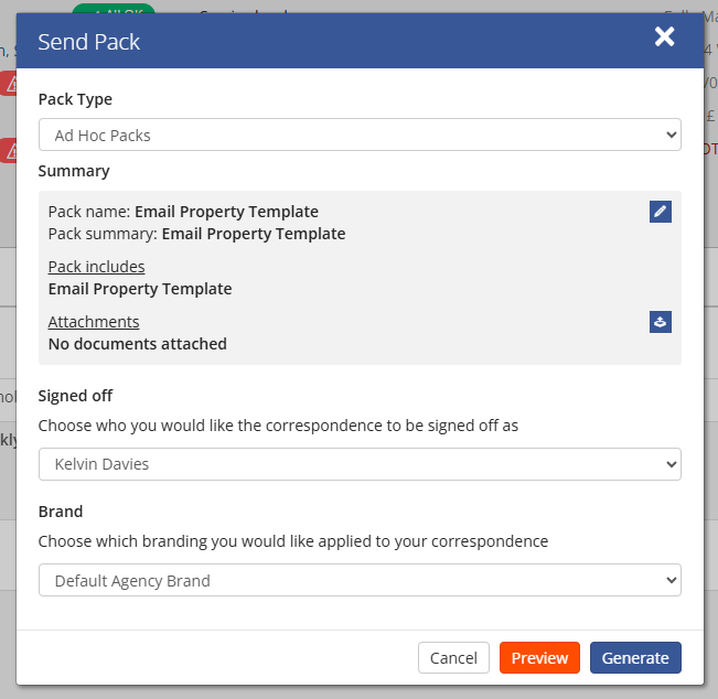 Generate Pack dialog